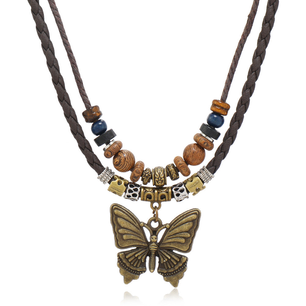 Wholesale retro butterfly alloy multi-layer wooden beads knotted hand-woven necklace jewelry